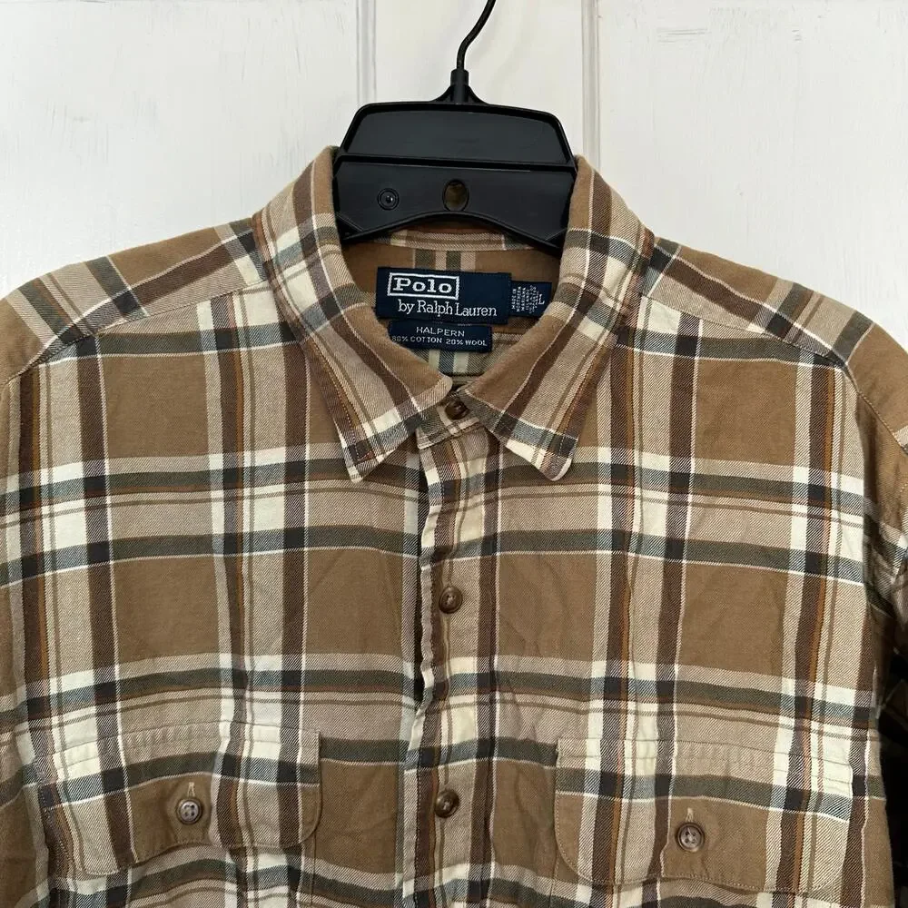 Polo Ralph Lauren Halpern Flannel Shirt Mens Large Brown Plaid Button Up Pockets